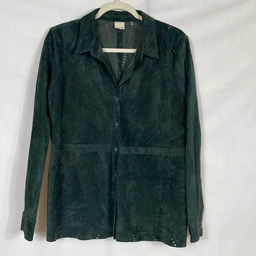 Ecru Leather Jacket Shirt Size M Dark Green 100% Genuine Leather Soft Suede